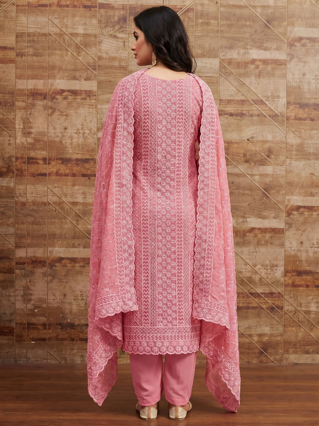 Pink Floral Embroidered Dress Material - Image 2