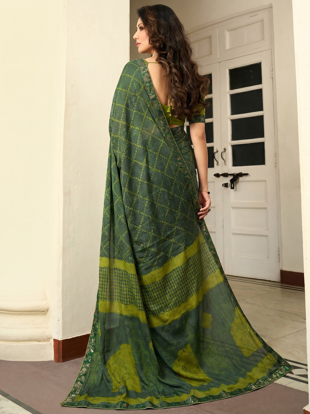 Green Printed Art Silk Saree With Lace Border - Image 1