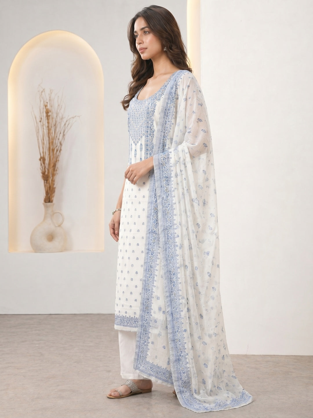 White & Blue Floral Woven Muslin Dress Material - Image 4