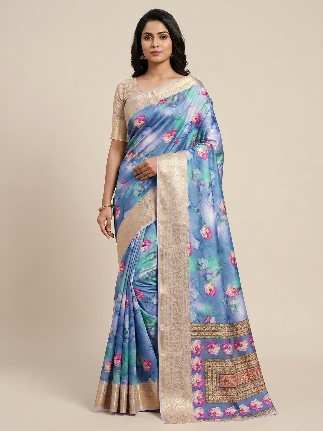 Blue Floral Digital Printed With Woven Border Art Silk Saree - Image 1