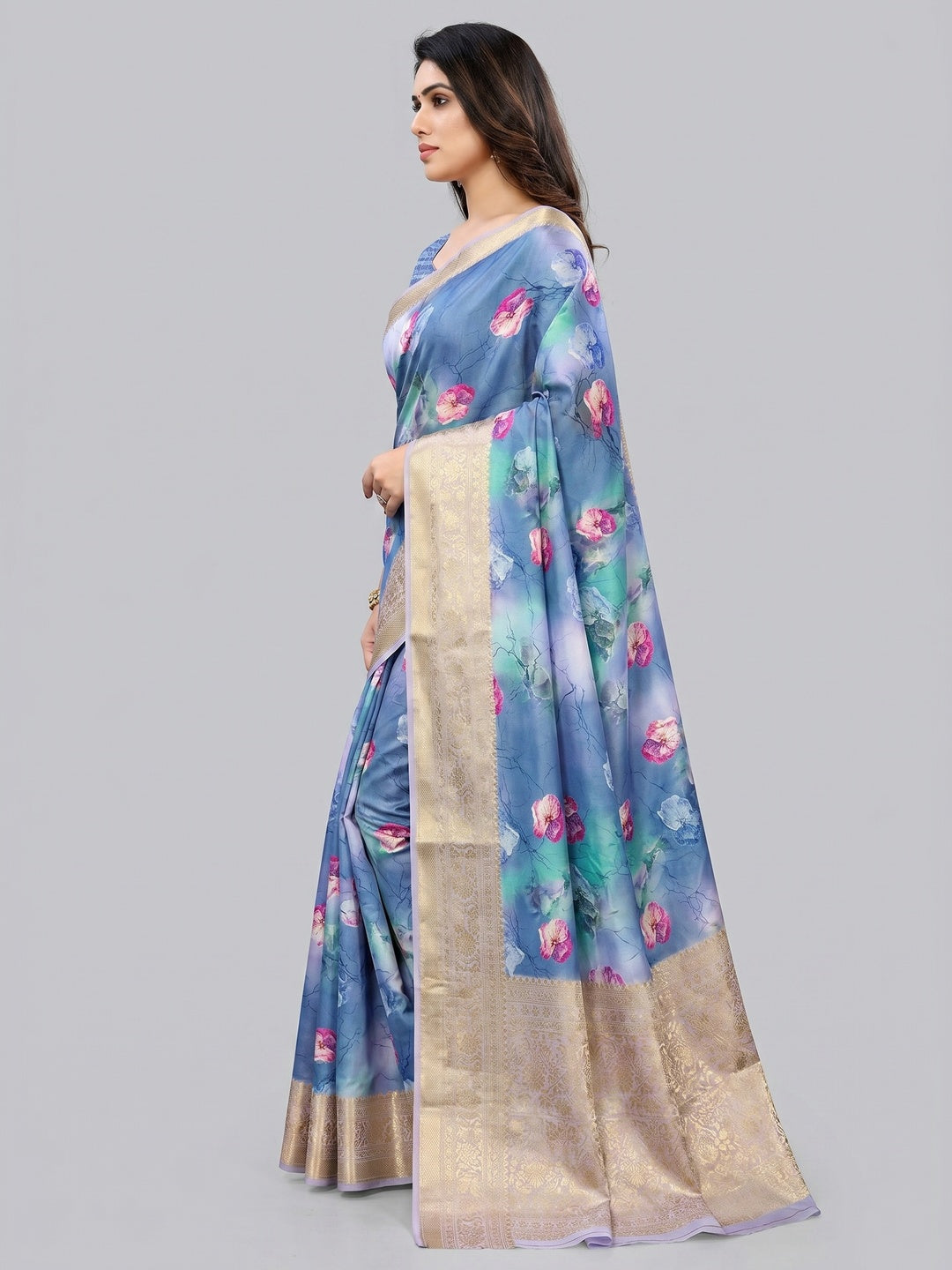 Blue Floral Digital Printed With Woven Border Art Silk Saree - Image 3