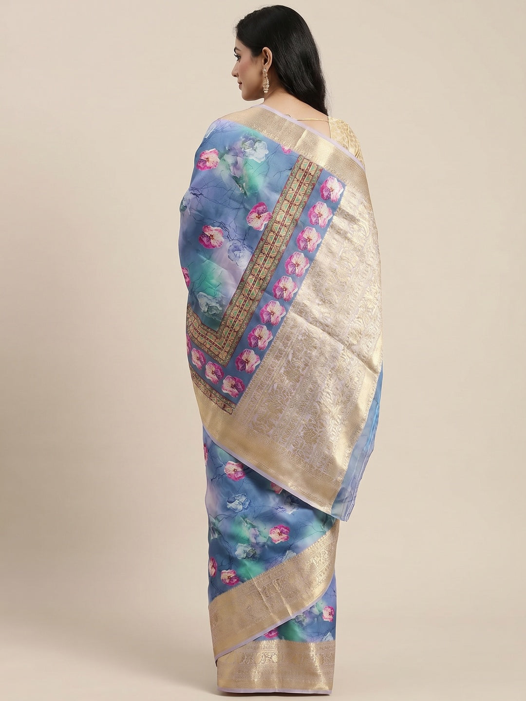 Blue Floral Digital Printed With Woven Border Art Silk Saree - Image 2