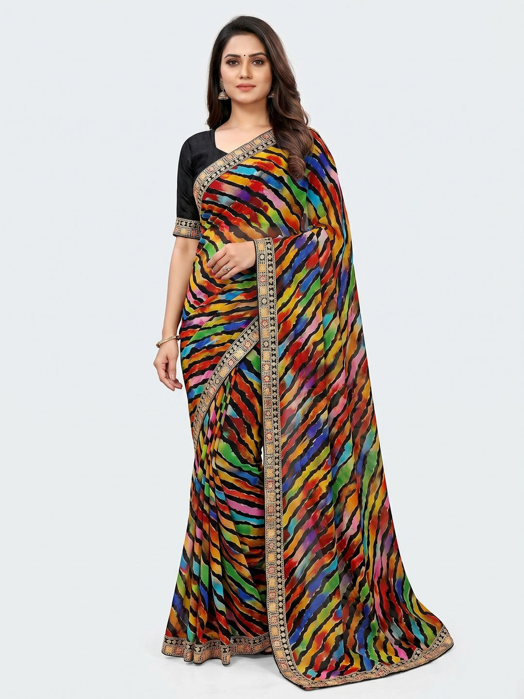 Black Leheriya Printed With Sequins Border Georgette Saree - Image 1