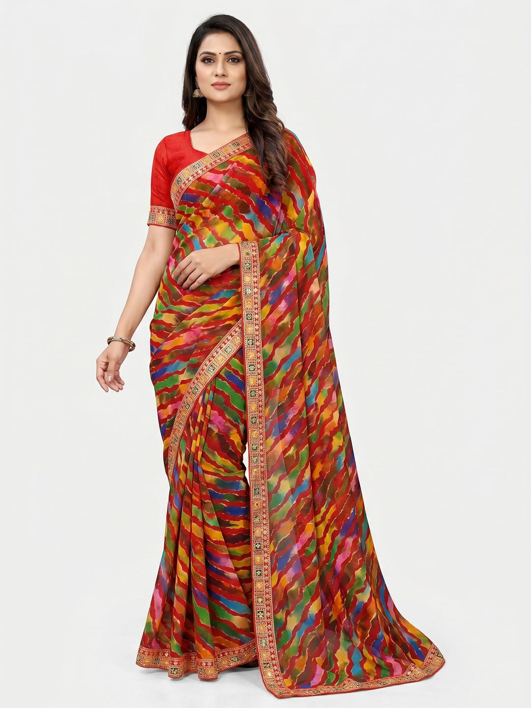 Red Leheriya Printed With Sequins Border Georgette Saree - Image 1