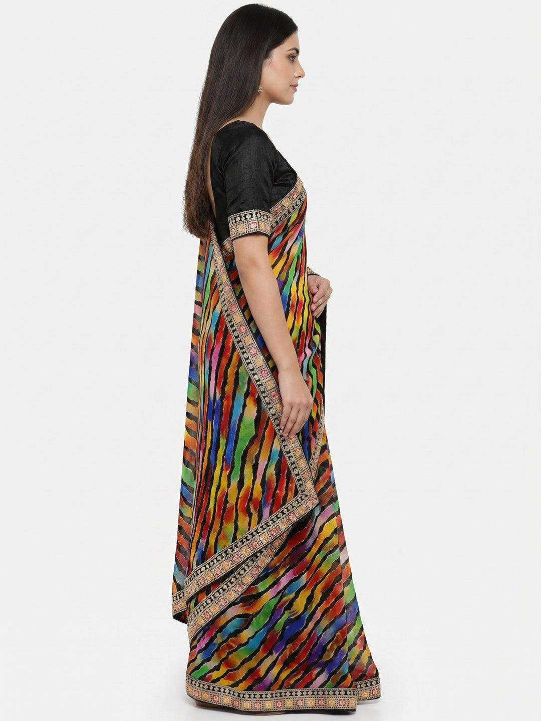 Black Leheriya Printed With Sequins Border Georgette Saree - Image 2
