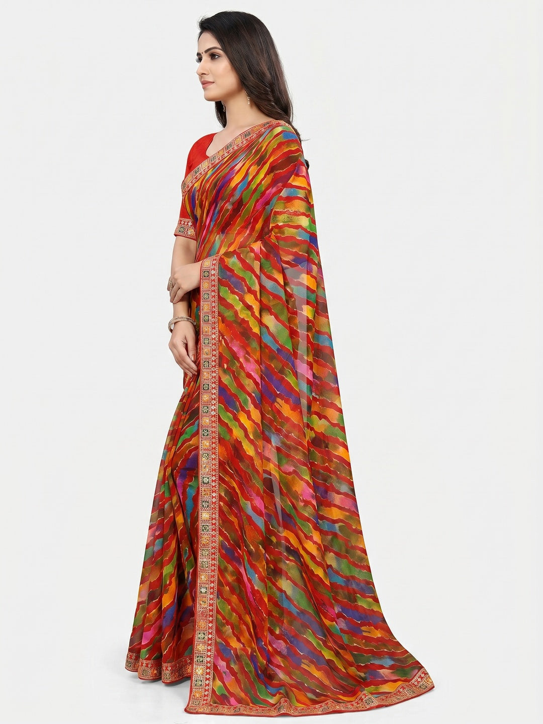 Red Leheriya Printed With Sequins Border Georgette Saree - Image 3