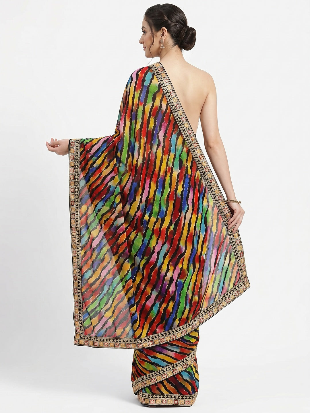 Black Leheriya Printed With Sequins Border Georgette Saree - Image 3