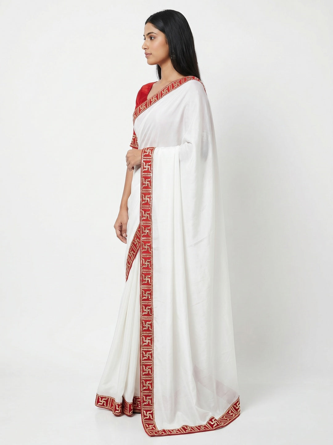 White Solid With Embroidered Border Vichitra Silk Saree - Image 1