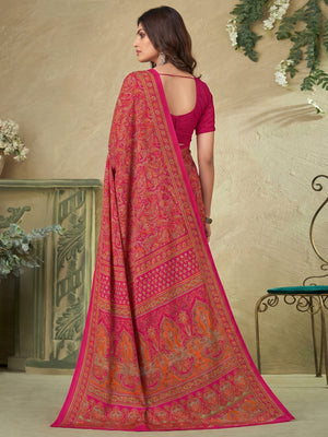 Rani Pink Printed Crepe Saree - Image 1