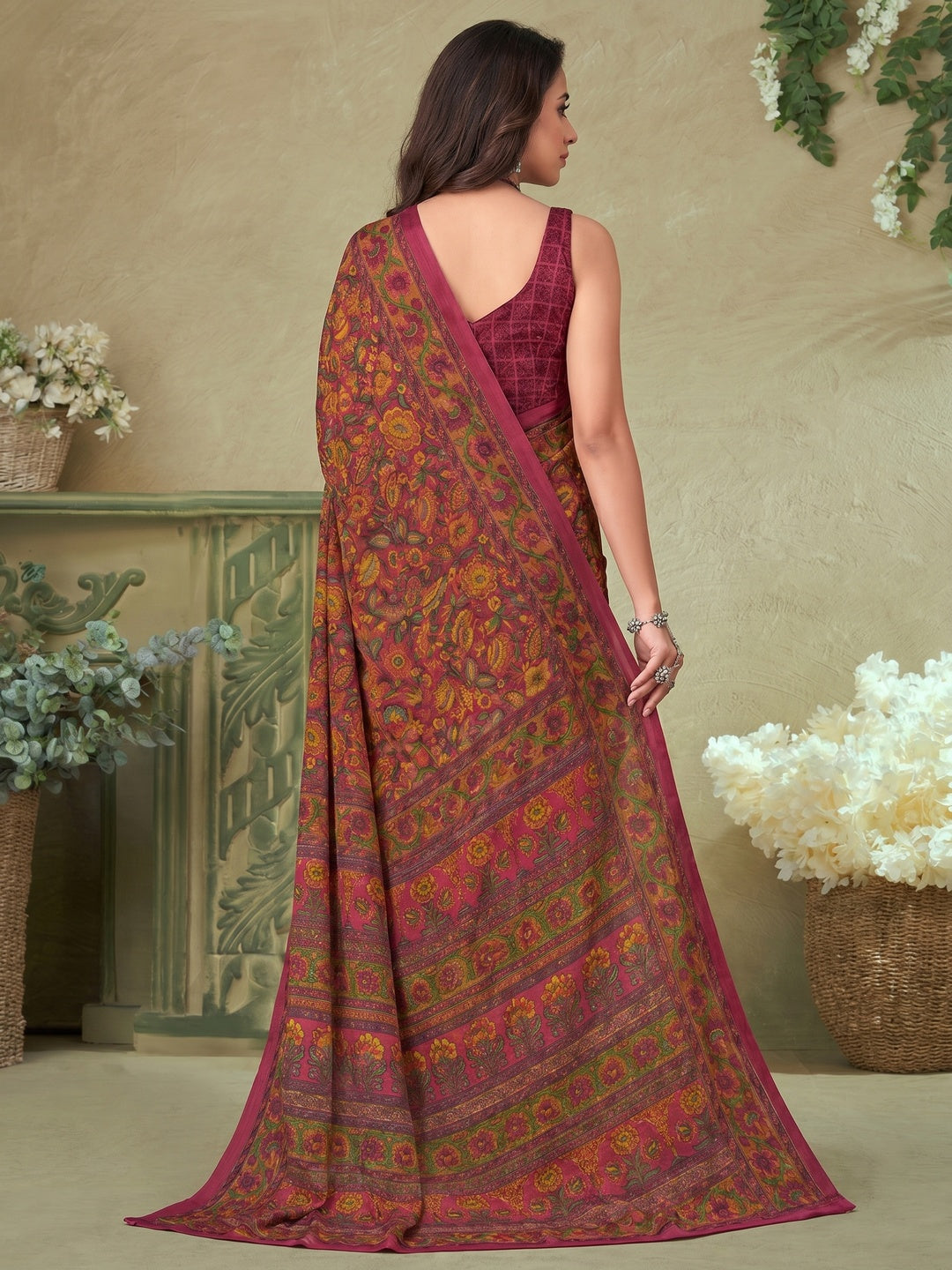 Magenta Floral Printed Crepe Saree - Image 1