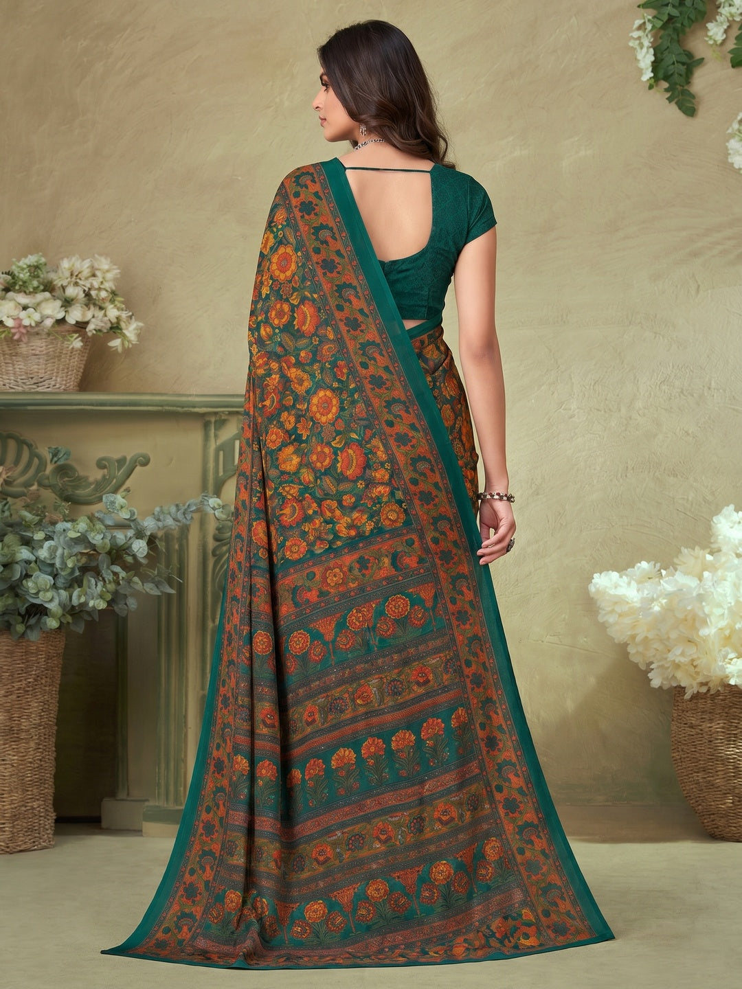 Green Floral Printed Crepe Saree - Image 1