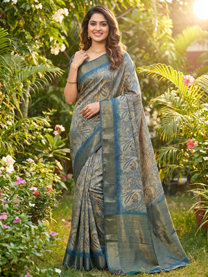 Festive Grey Silk Blend Saree with Subtle Floral Print and Shimmering Zari Border