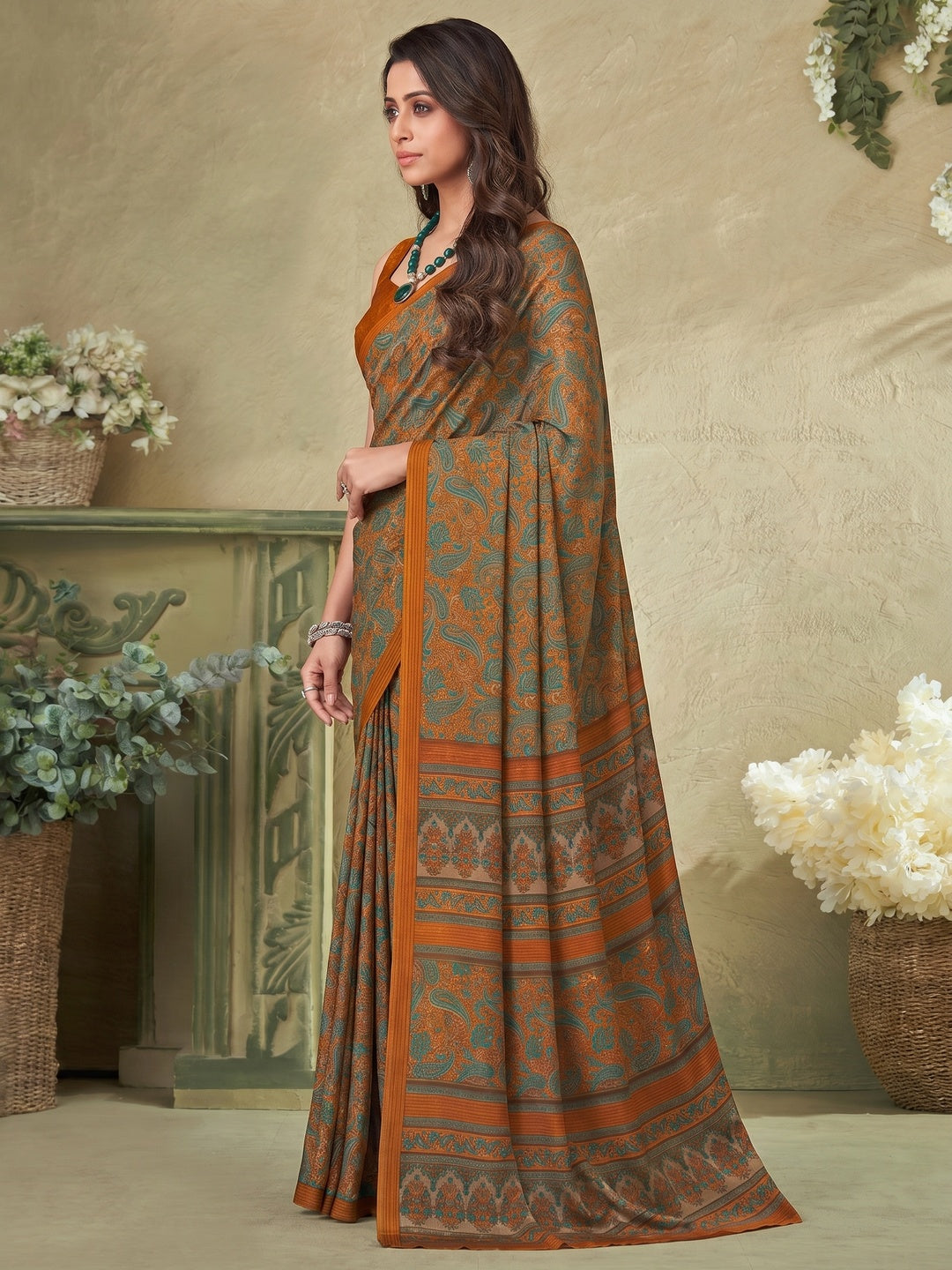 Orange Printed Crepe Saree - Image 1