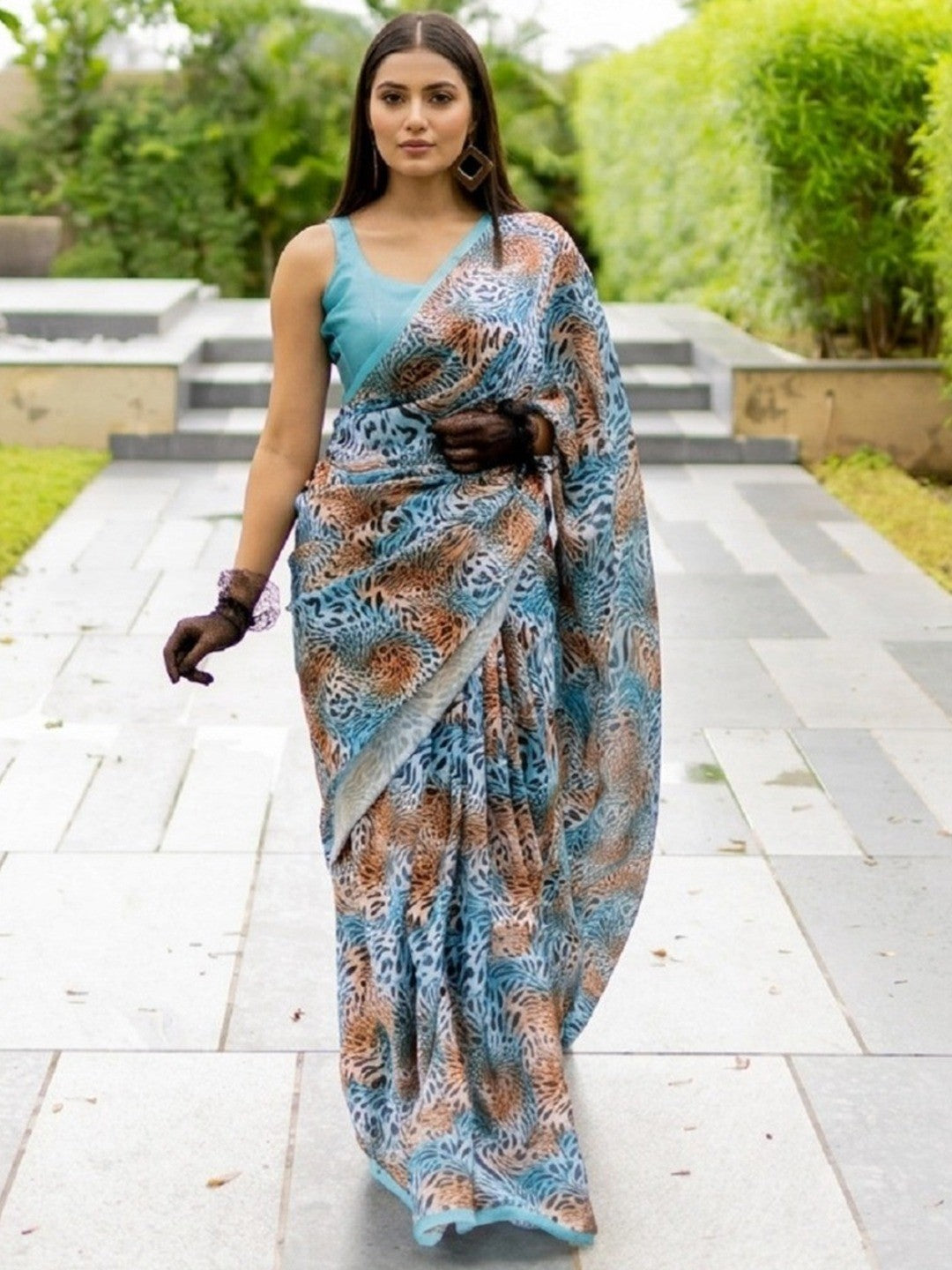 Blue Digital Print Satin Saree with Matching Blouse Piece - Image 1