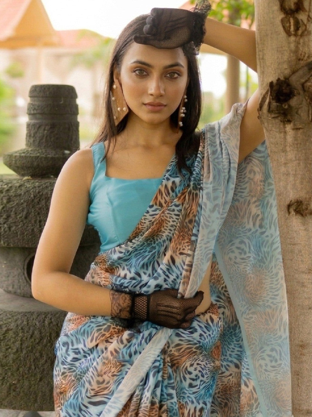 Blue Digital Print Satin Saree with Matching Blouse Piece - Image 3