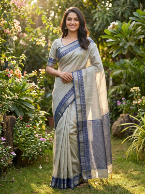 Light Grey Pure Handloom Silk Saree with an Elegantly Woven Jacquard Border