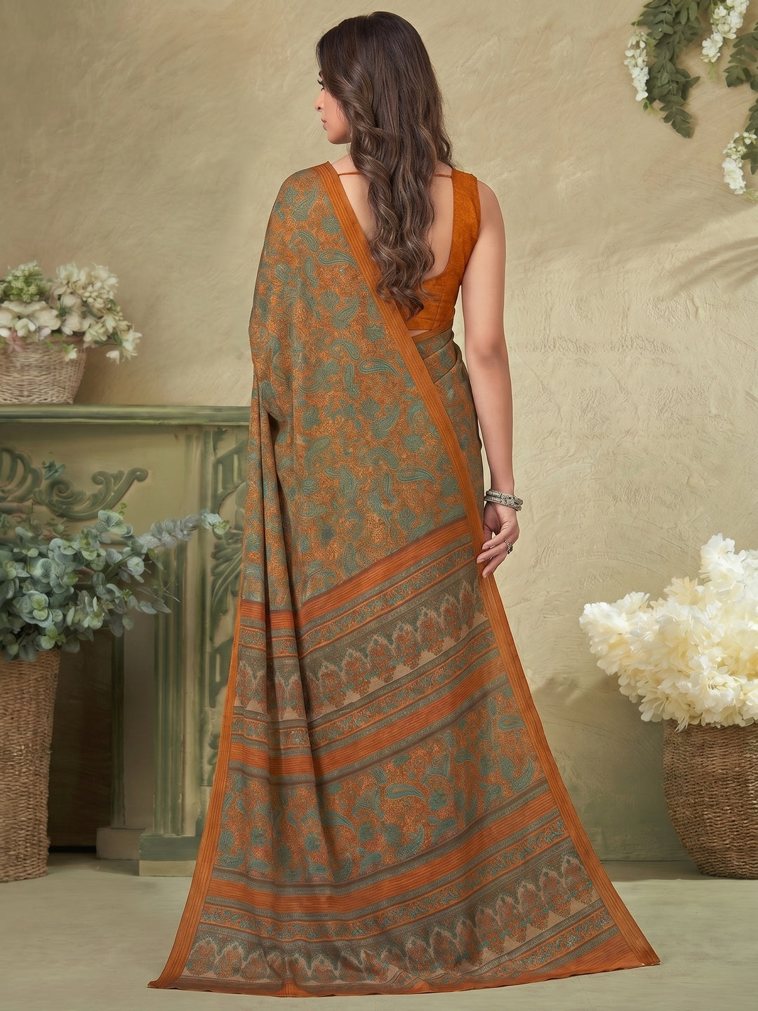 Orange Printed Crepe Saree - Image 2