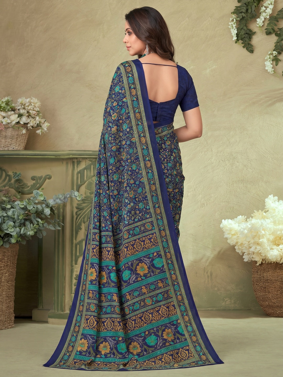 Navy Blue Floral Printed Crepe Saree - Image 1
