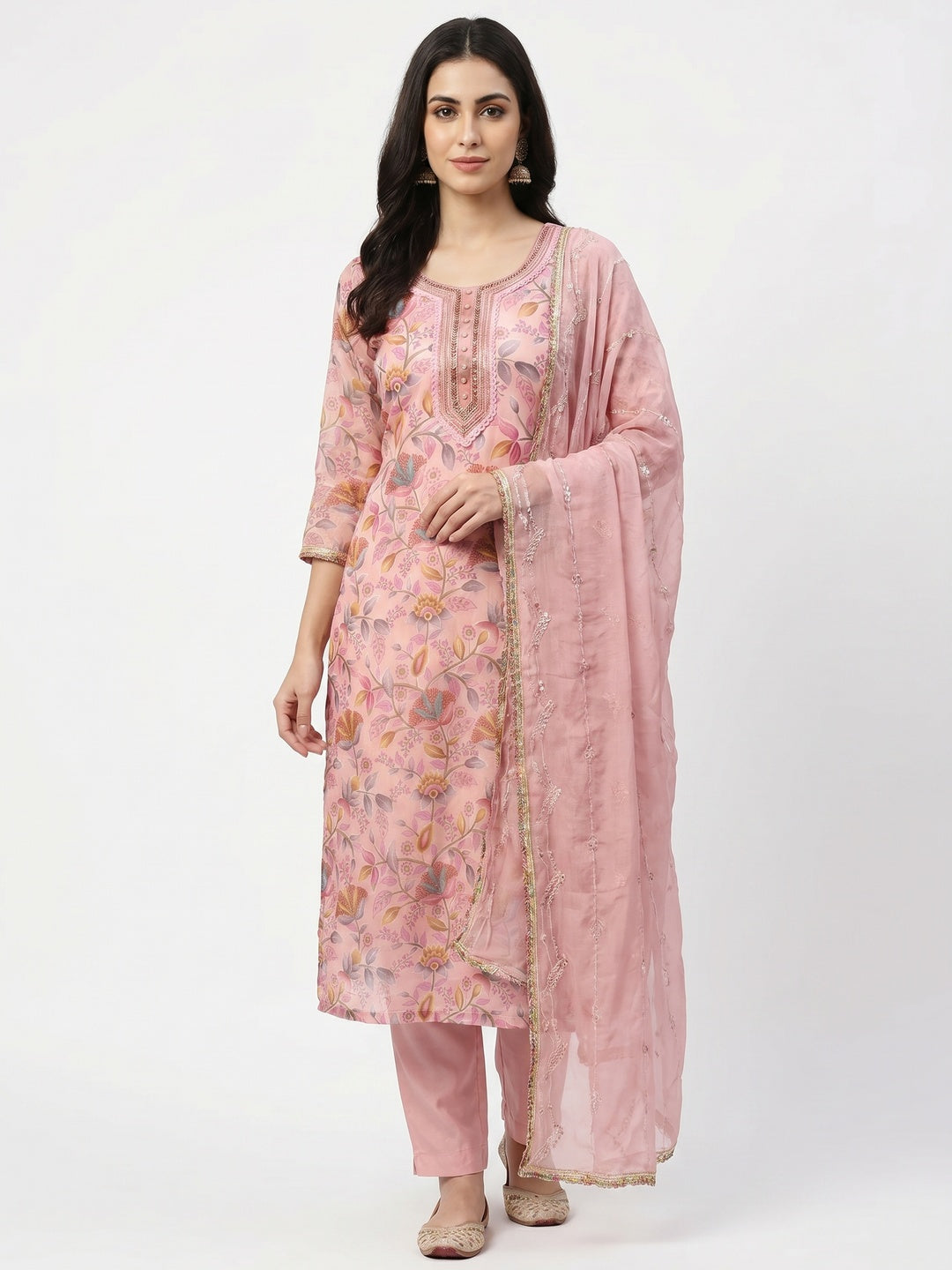 Peach Floral Printed Organza Dress Material - Image 1