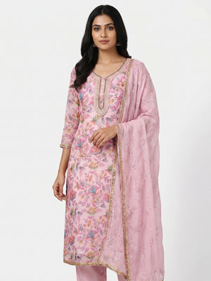 Pink Floral Printed Organza Dress Material - Image 1
