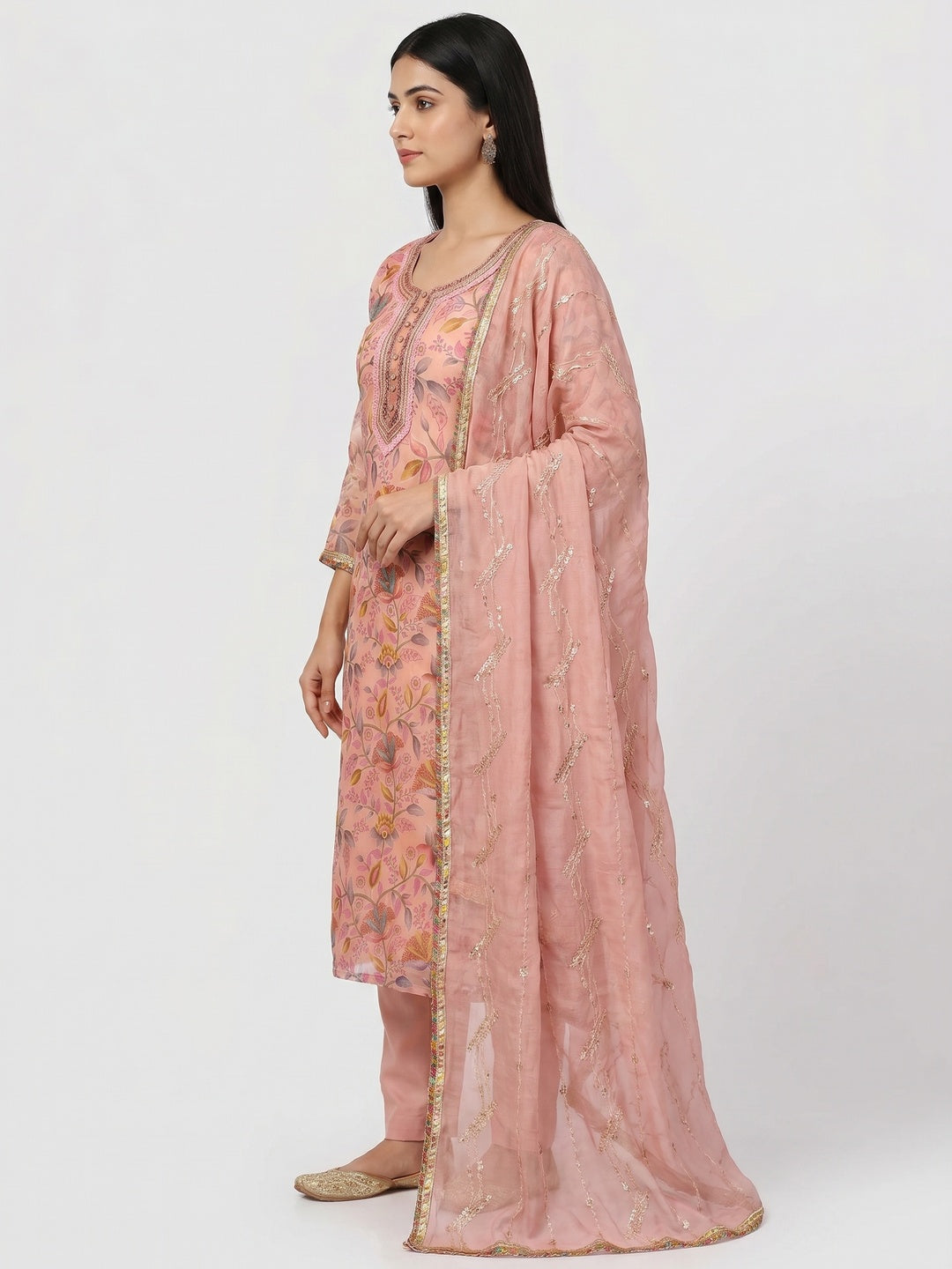 Peach Floral Printed Organza Dress Material - Image 2