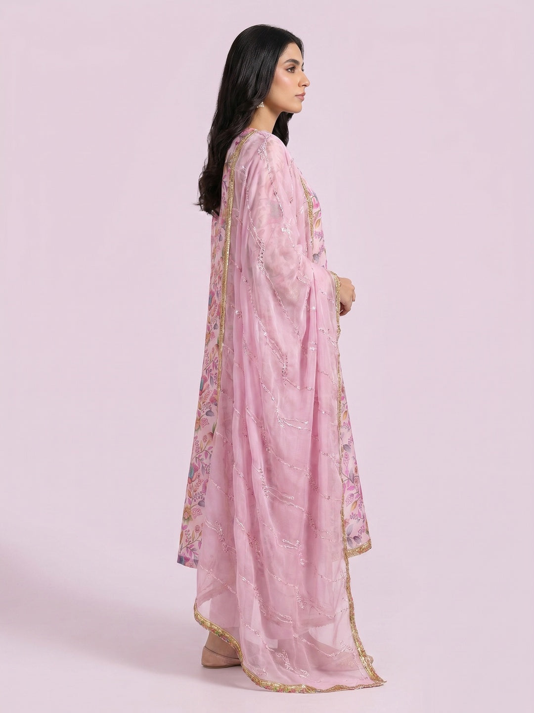 Pink Floral Printed Organza Dress Material - Image 3