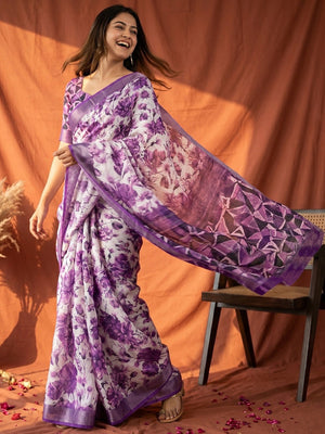 Charming Violet Floral Digital Print Linen Cotton Saree With Luxe Zari Weaving Border - Image 1