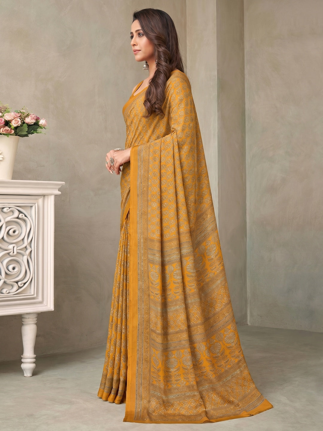 Mustard Floral Printed Crepe Saree - Image 1
