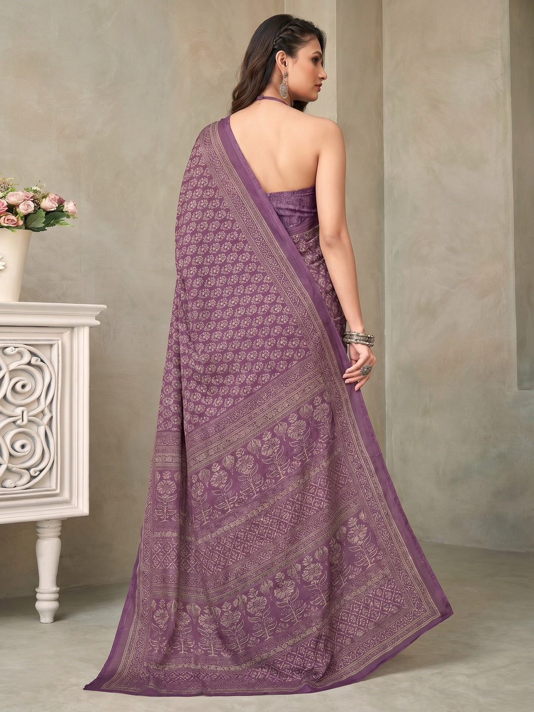Purple Floral Printed Crepe Saree - Image 1