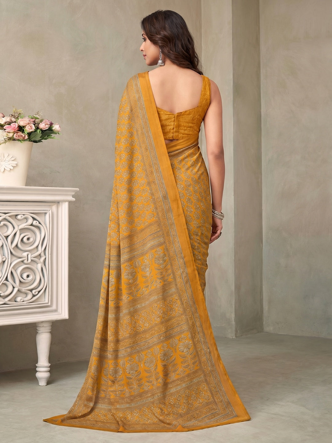 Mustard Floral Printed Crepe Saree - Image 2