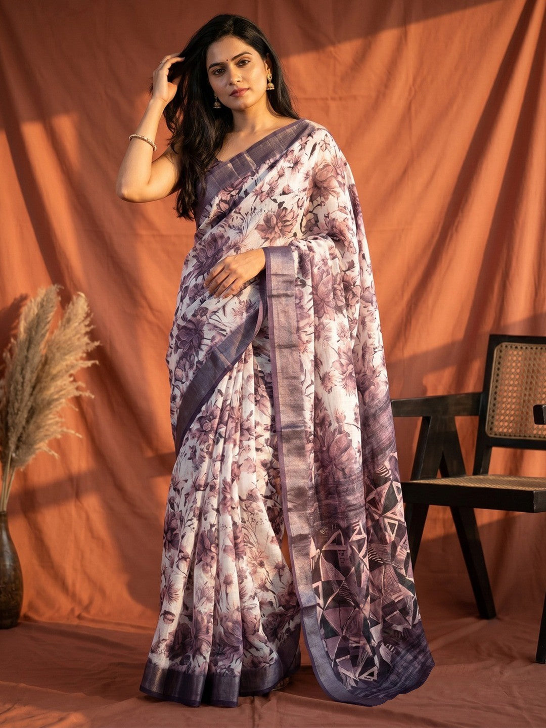 Charming Wine Floral Digital Print Linen Cotton Saree With Luxe Zari Weaving Border  - Image 1
