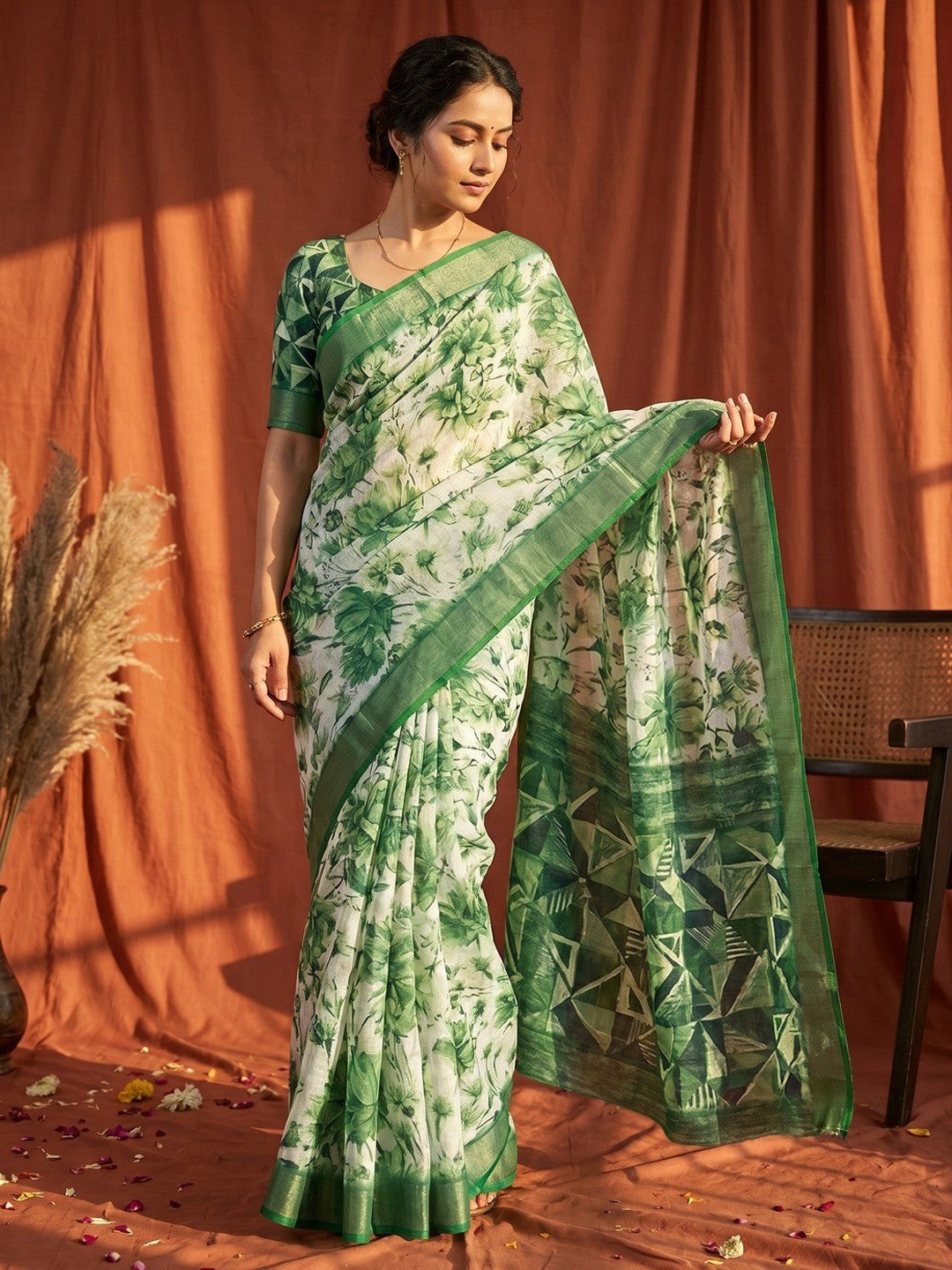 Charming Green Floral Digital Print Linen Cotton Saree With Luxe Zari Weaving Border - Image 1