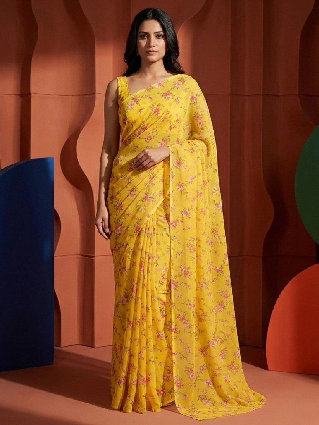 Yellow Satin Saree with Pink Floral Digital Print and Matching Blouse - Image 1