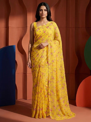 Yellow Satin Saree with Pink Floral Digital Print and Matching Blouse - Image 1