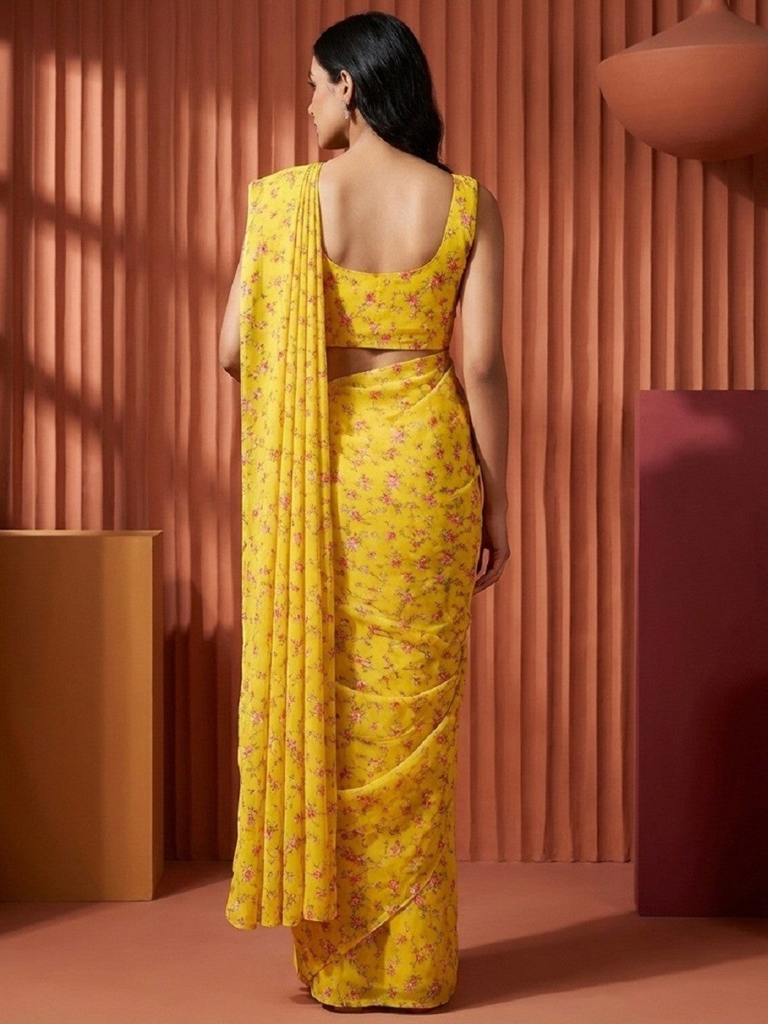 Yellow Satin Saree with Pink Floral Digital Print and Matching Blouse - Image 2