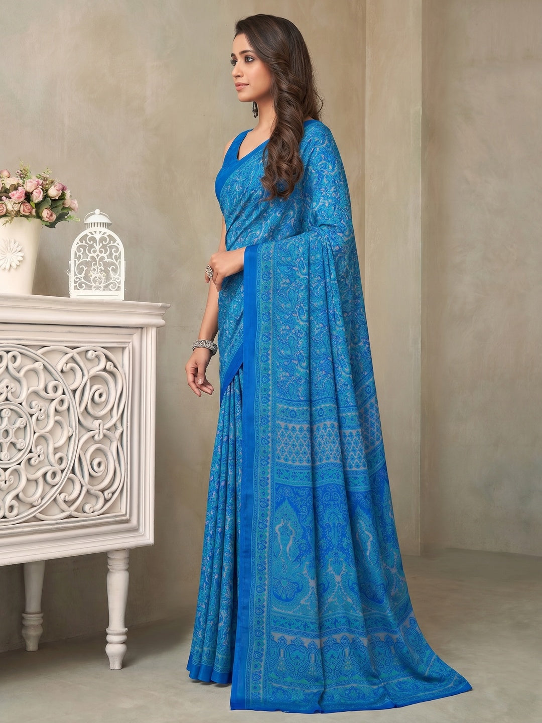 Blue Printed Crepe Saree - Image 1
