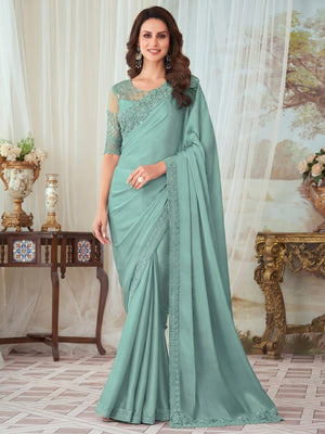 Turqoise Floral Sequin Embroidered Satin Saree - Image 1