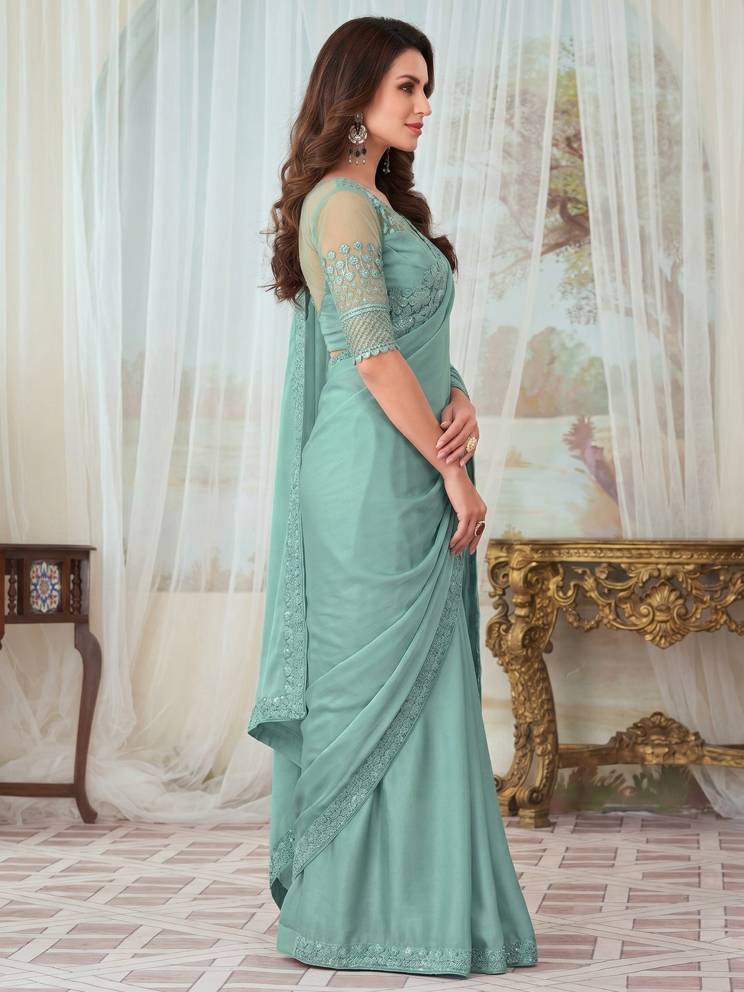 Turqoise Floral Sequin Embroidered Satin Saree - Image 2