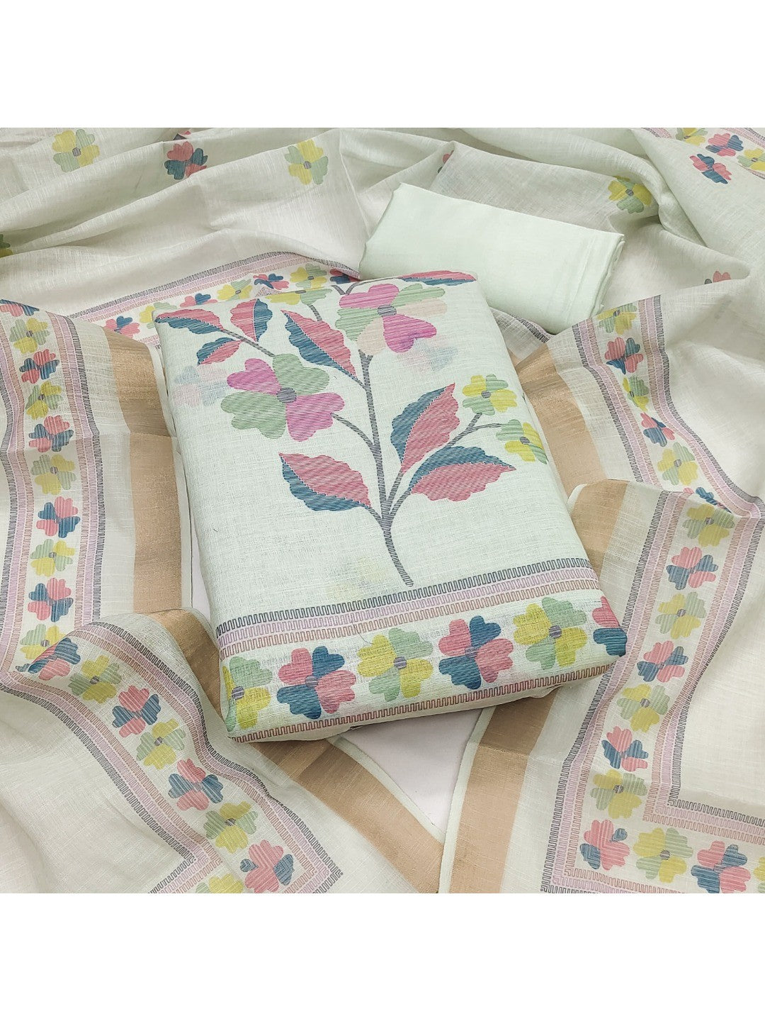 Elegant Floral Woven Pista Green Linen Dress Material - Image 1