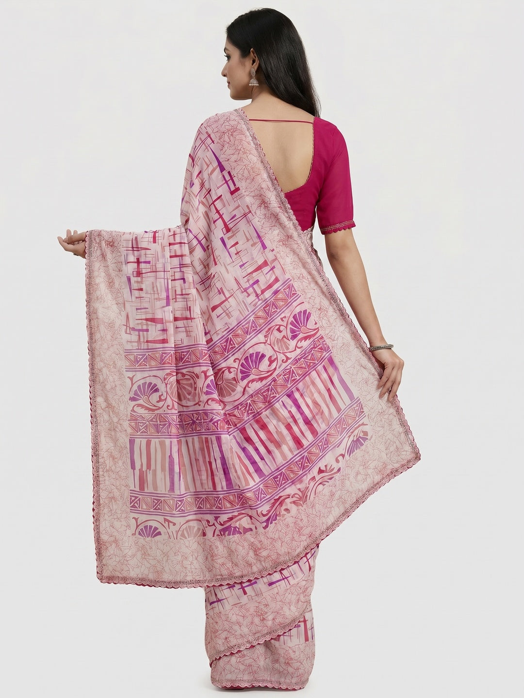 White & Rani Pink Geometric Printed Georgette Saree - Image 2