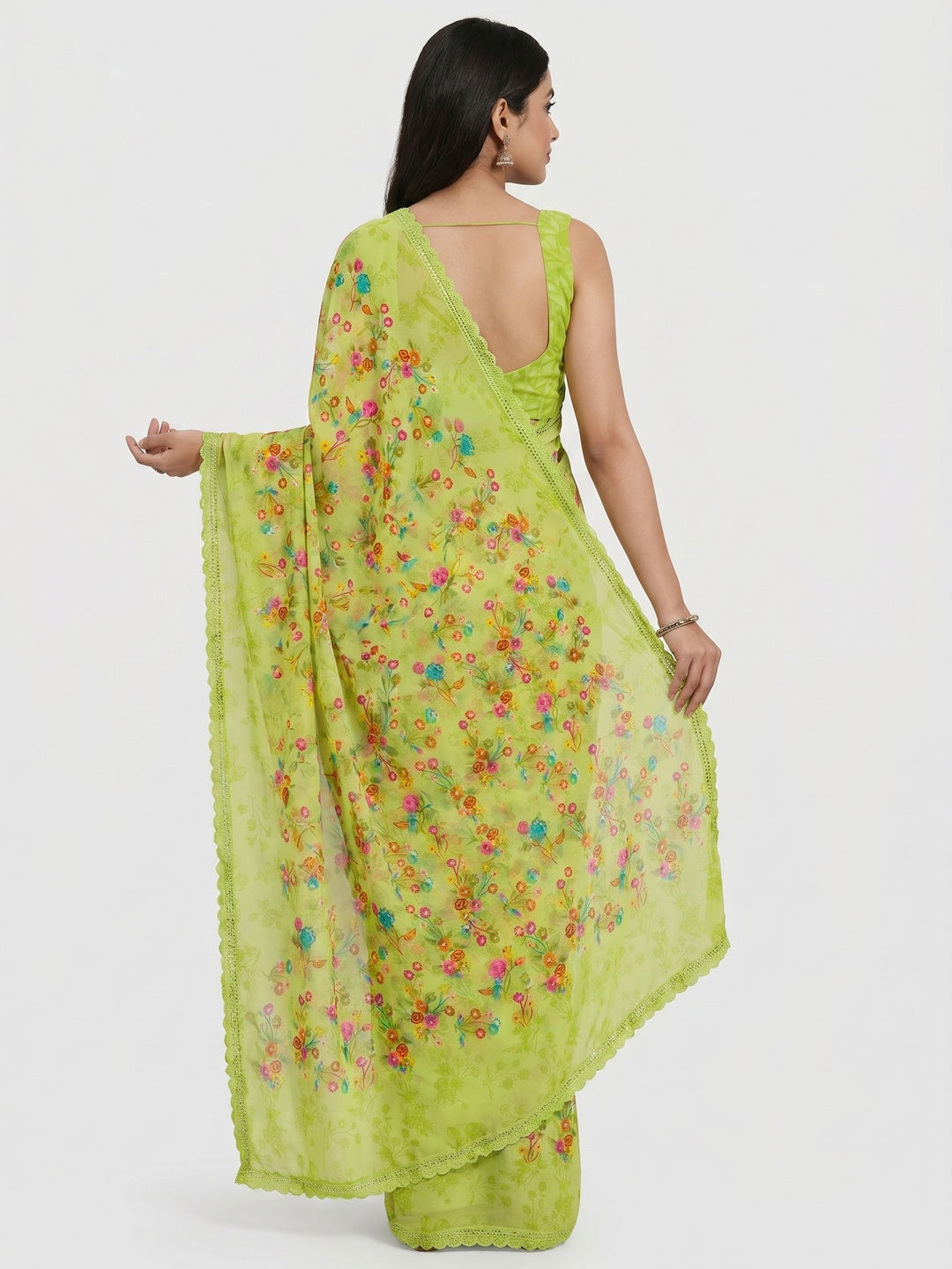 Green Floral Printed Georgette Saree - Image 2