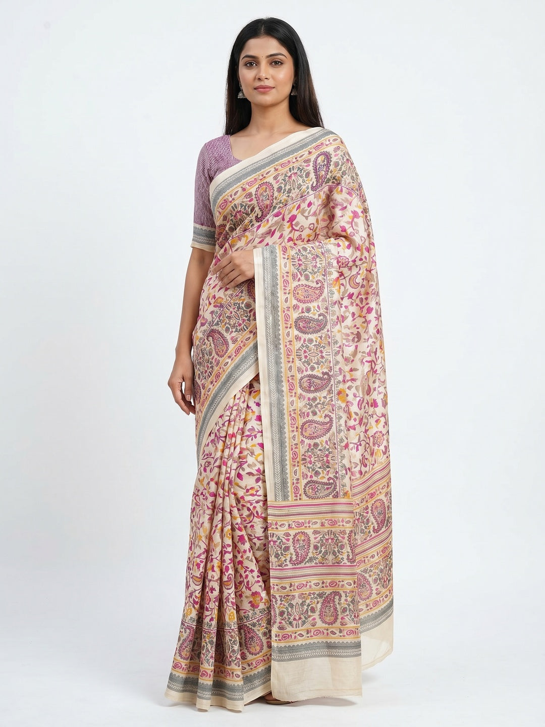 Cream & Pink Floral Printed Pashmina Saree - Image 1