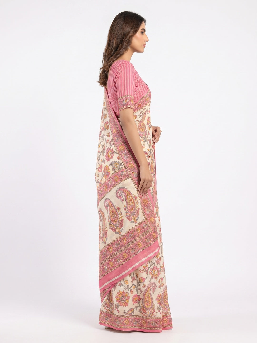 Cream & Pink Floral Printed Pashmina Saree - Image 3