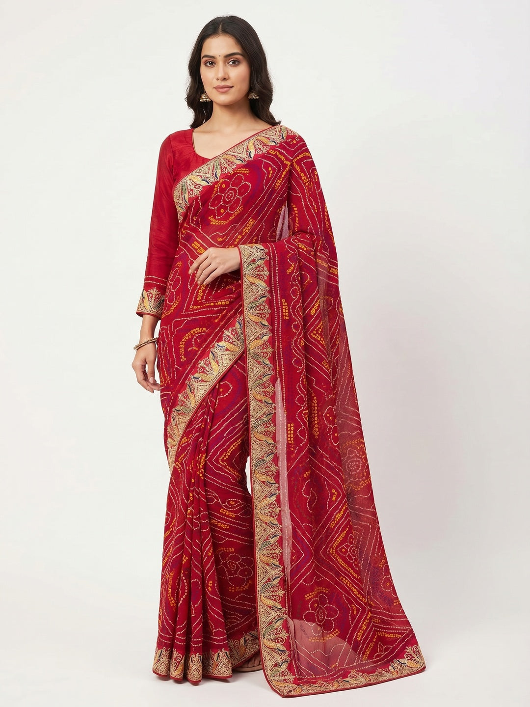 Red Bandhani Printed Georgette Saree - Image 1