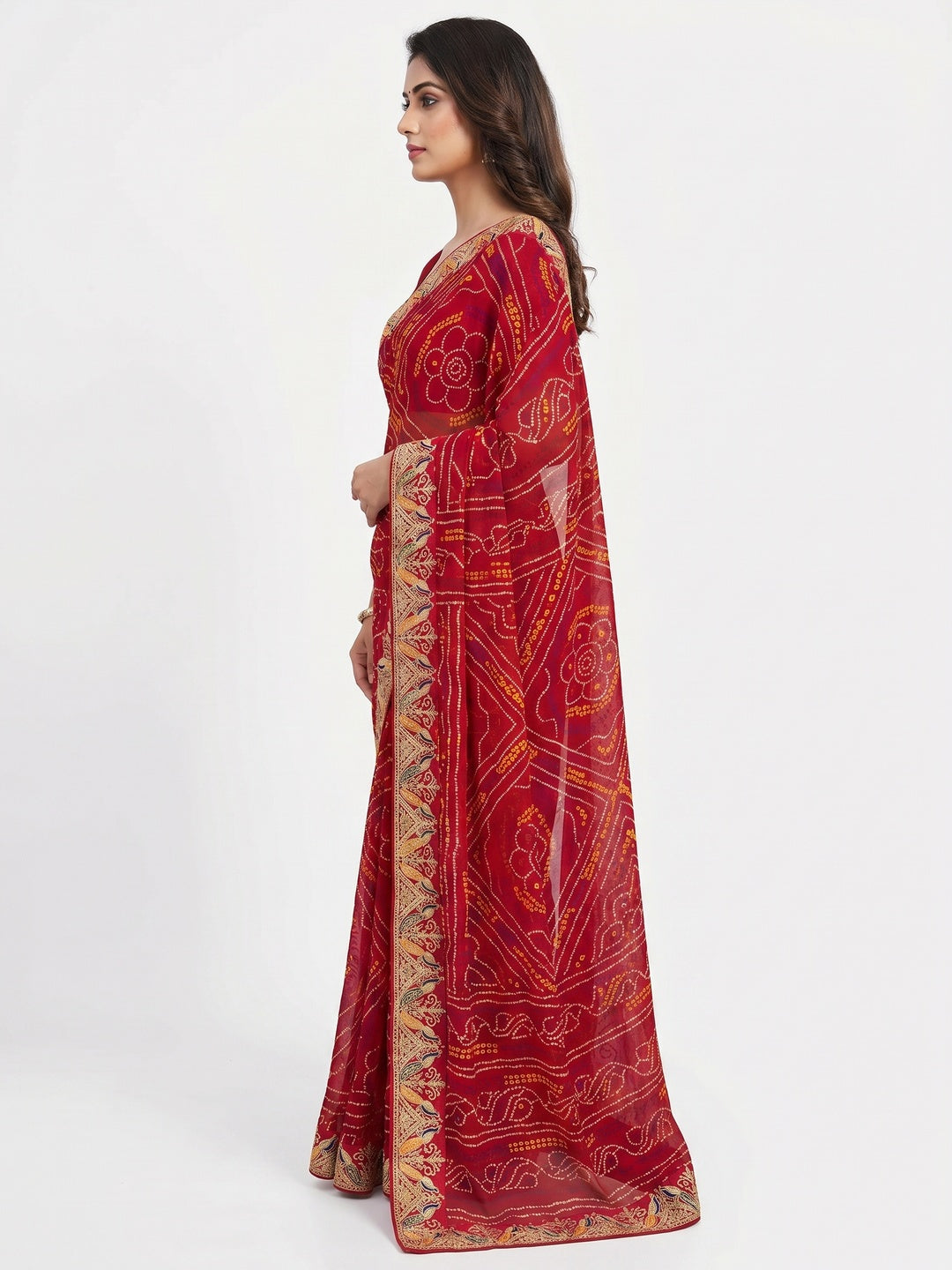 Red Bandhani Printed Georgette Saree - Image 2