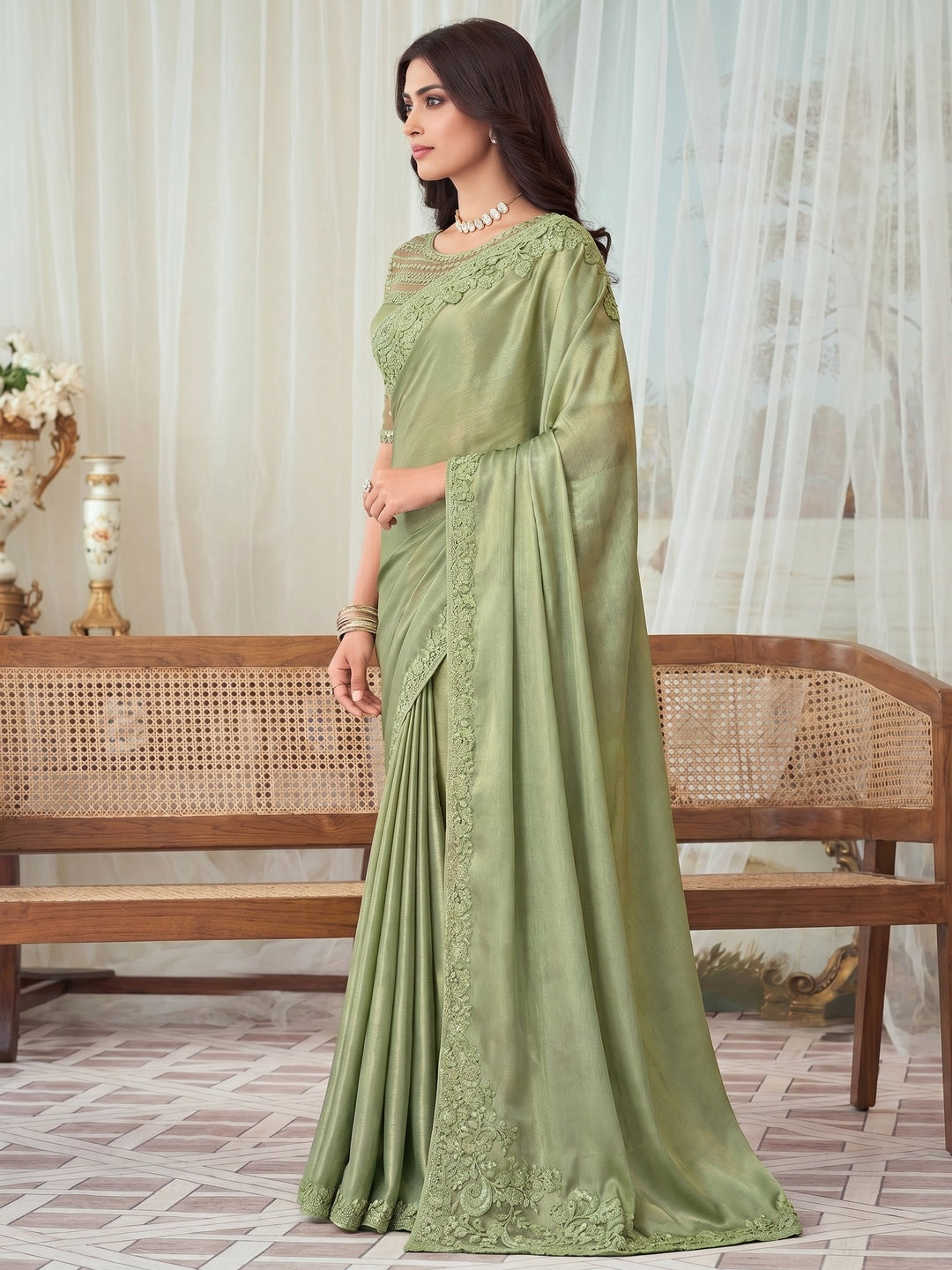 Pista Green Sequins Embroidered Satin Saree - Image 1