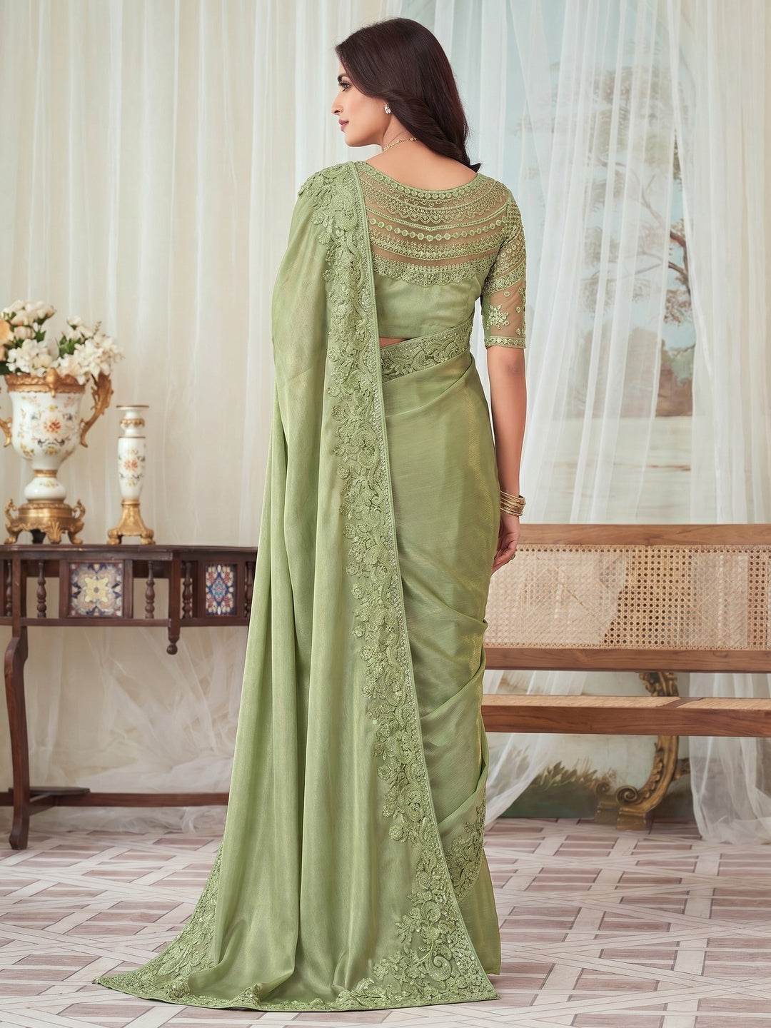 Pista Green Sequins Embroidered Satin Saree - Image 2