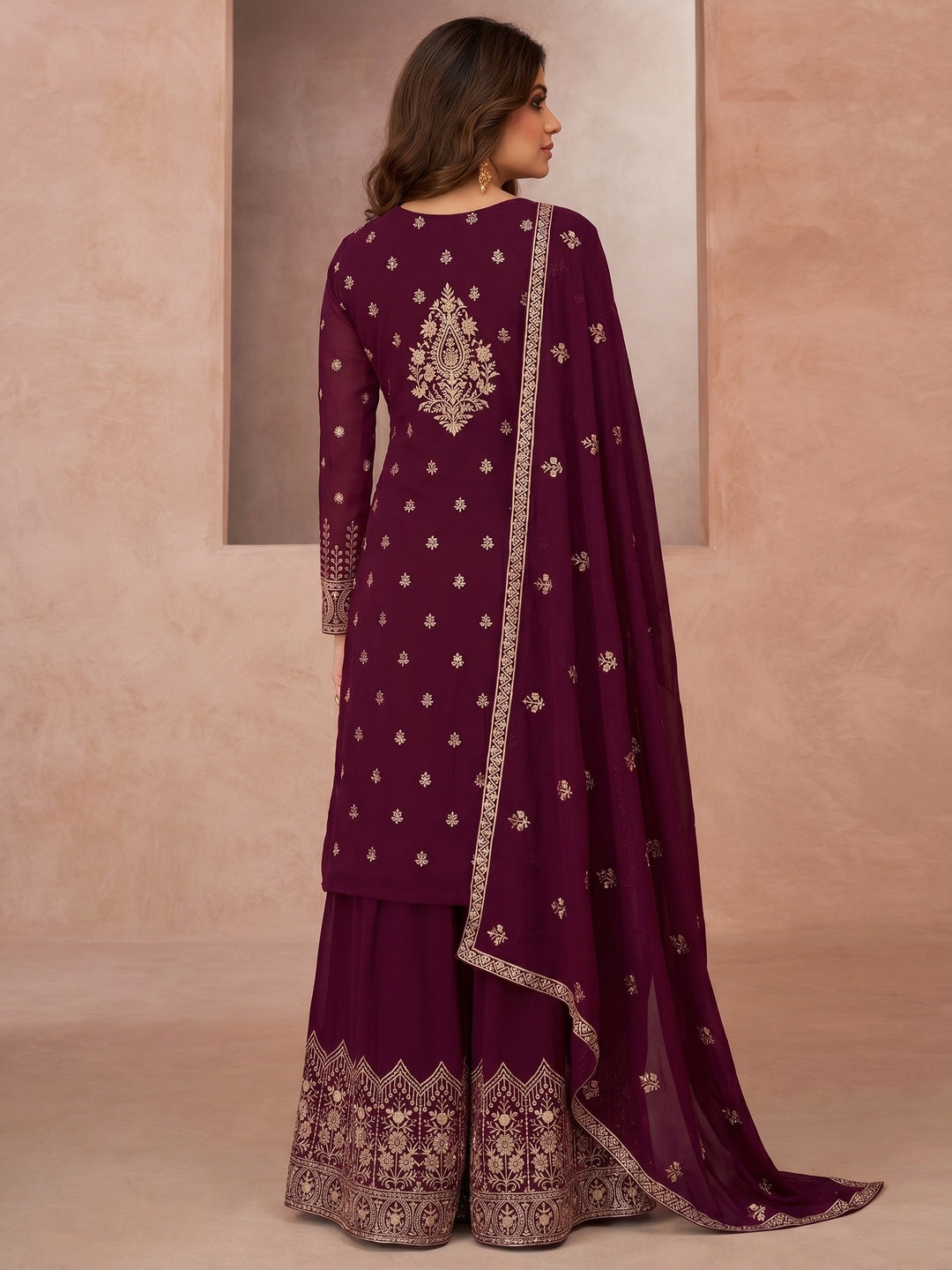 Wine Floral Embroidered Georgette Semi Stitched Suit - Image 1