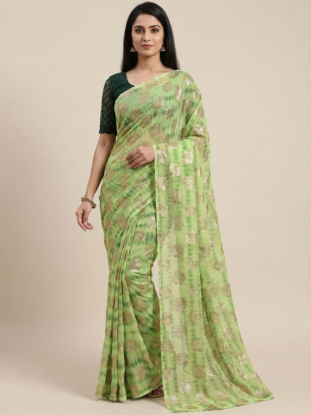 Green Floral Foil Printed Georgette Saree - Image 1