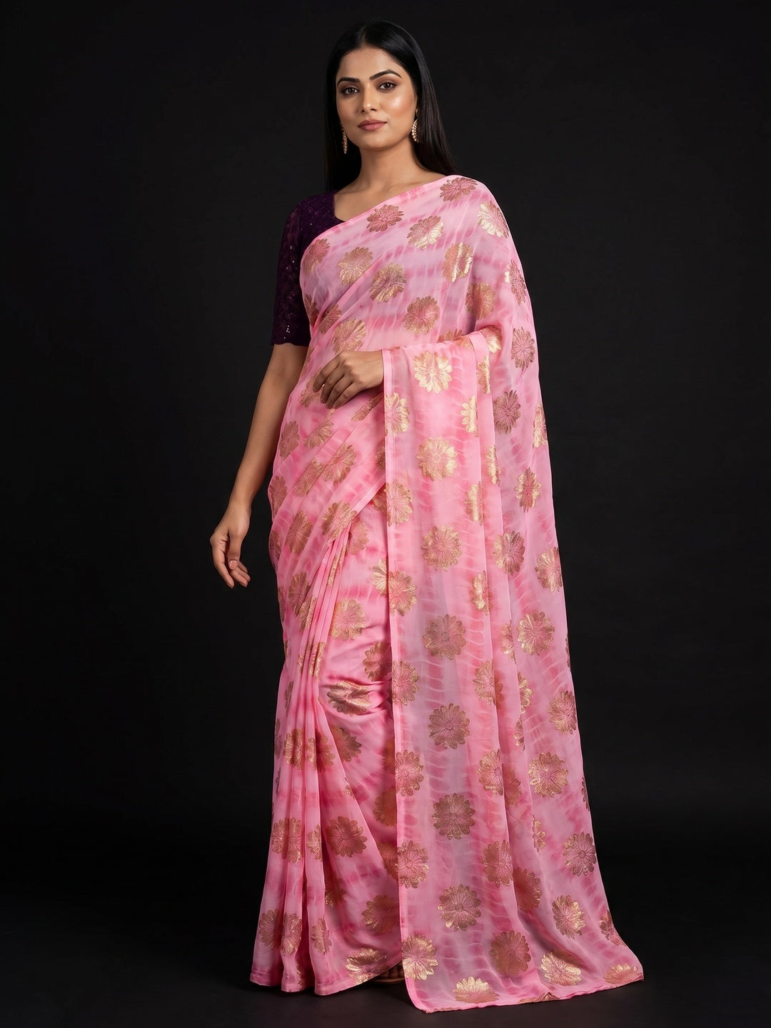 Pink Floral Foil Printed Georgette Saree - Image 1
